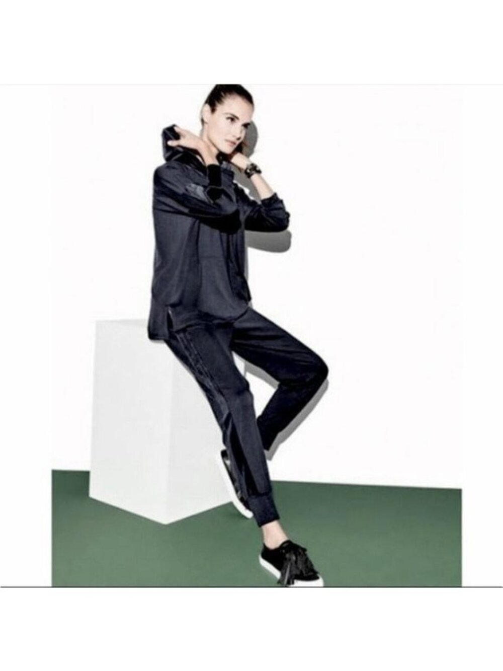 Eileen Fisher Black Tencel Terry Velvet Track Pants & Trim Hoodie set Large